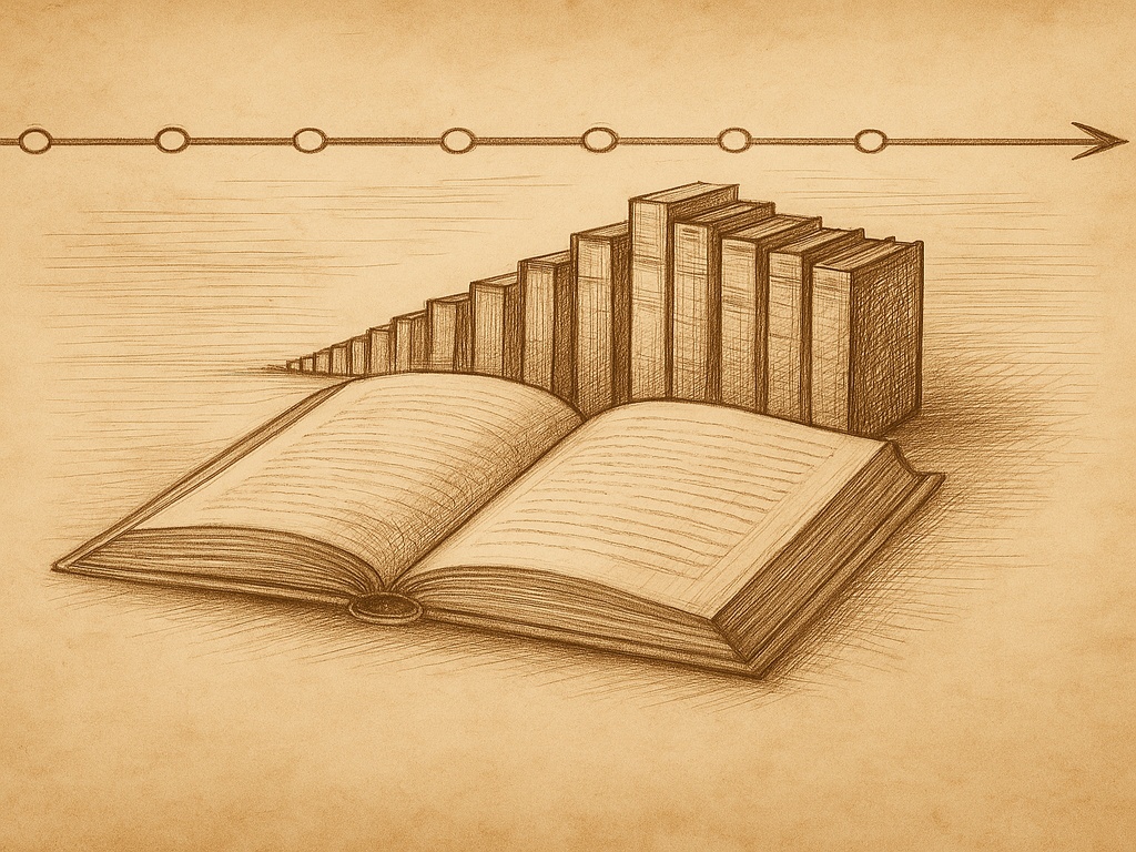 Hand-drawn illustration of 66 books uniting into one Bible with a timeline, symbolizing the consistency of Scripture