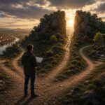 Man holding an open Bible at a crossroads with several paths leading toward different destinations.