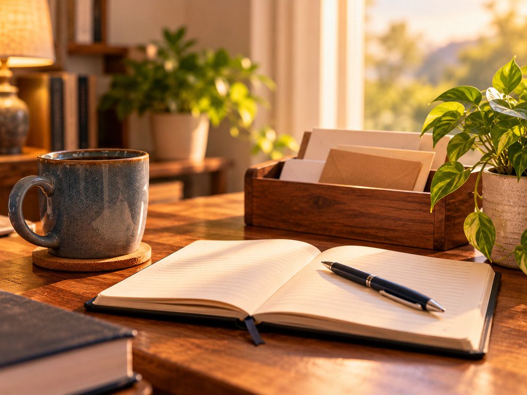 Open notebook and pen on a warmly lit desk, with a coffee mug and correspondence nearby.