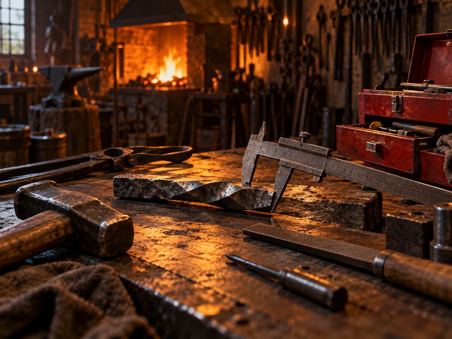 Blacksmith’s workbench beside a glowing forge with tools and metal under careful examination
